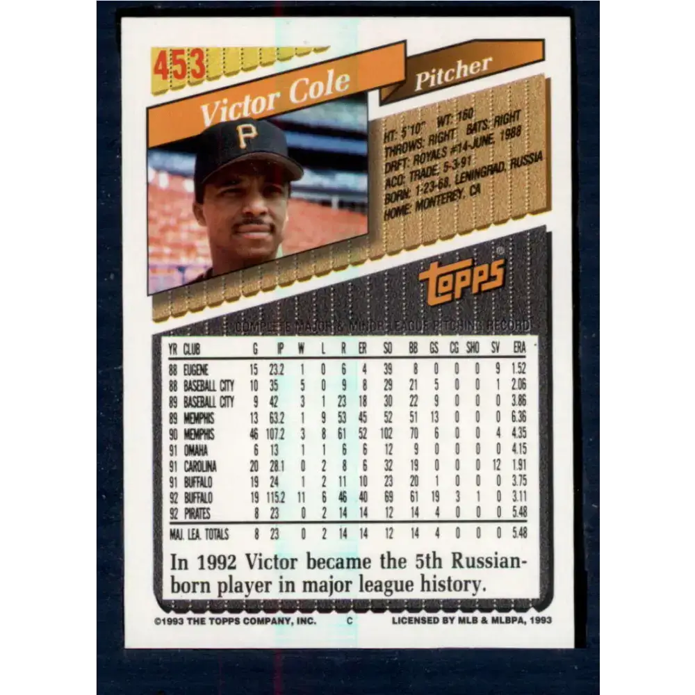 1993 Topps #453 Victor Cole NM-MT Pittsburgh Pirates Baseball Card