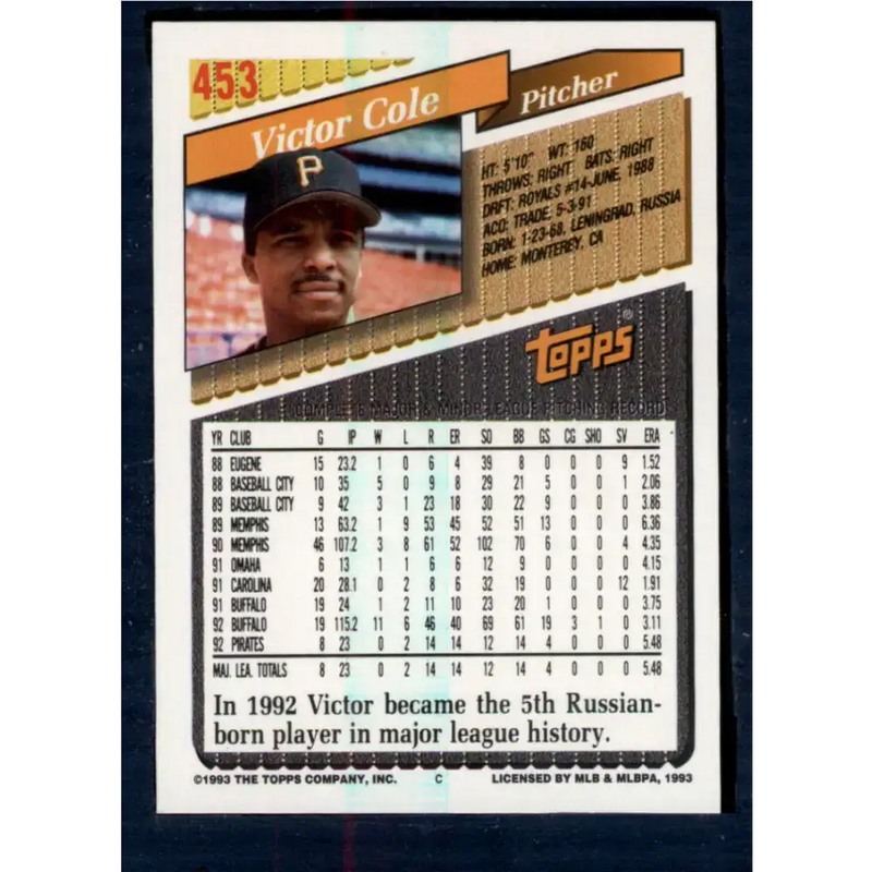 1993 Topps #453 Victor Cole NM-MT Pittsburgh Pirates Baseball Card