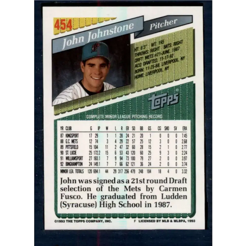1993 Topps #454 John Johnstone NM-MT RC Rookie Florida Marlins Baseball Card - Baseball Card Single