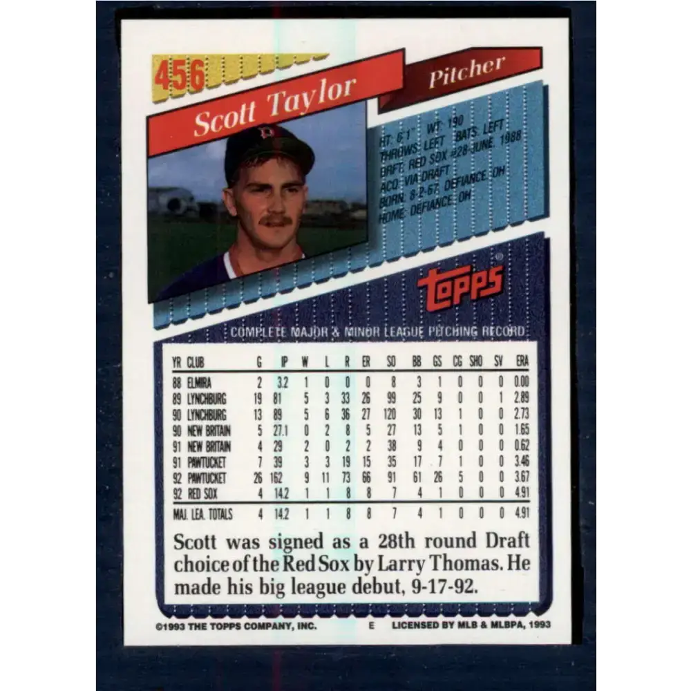 1993 Topps #456 Scott Taylor NM-MT Boston Red Sox Baseball Card - Baseball Card Single