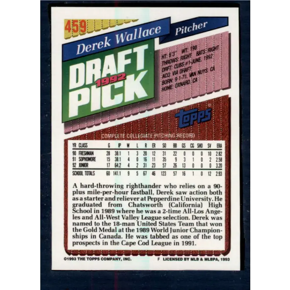 1993 Topps #459 Derek Wallace NM-MT RC Rookie Chicago Cubs Baseball Card - Baseball Card Single