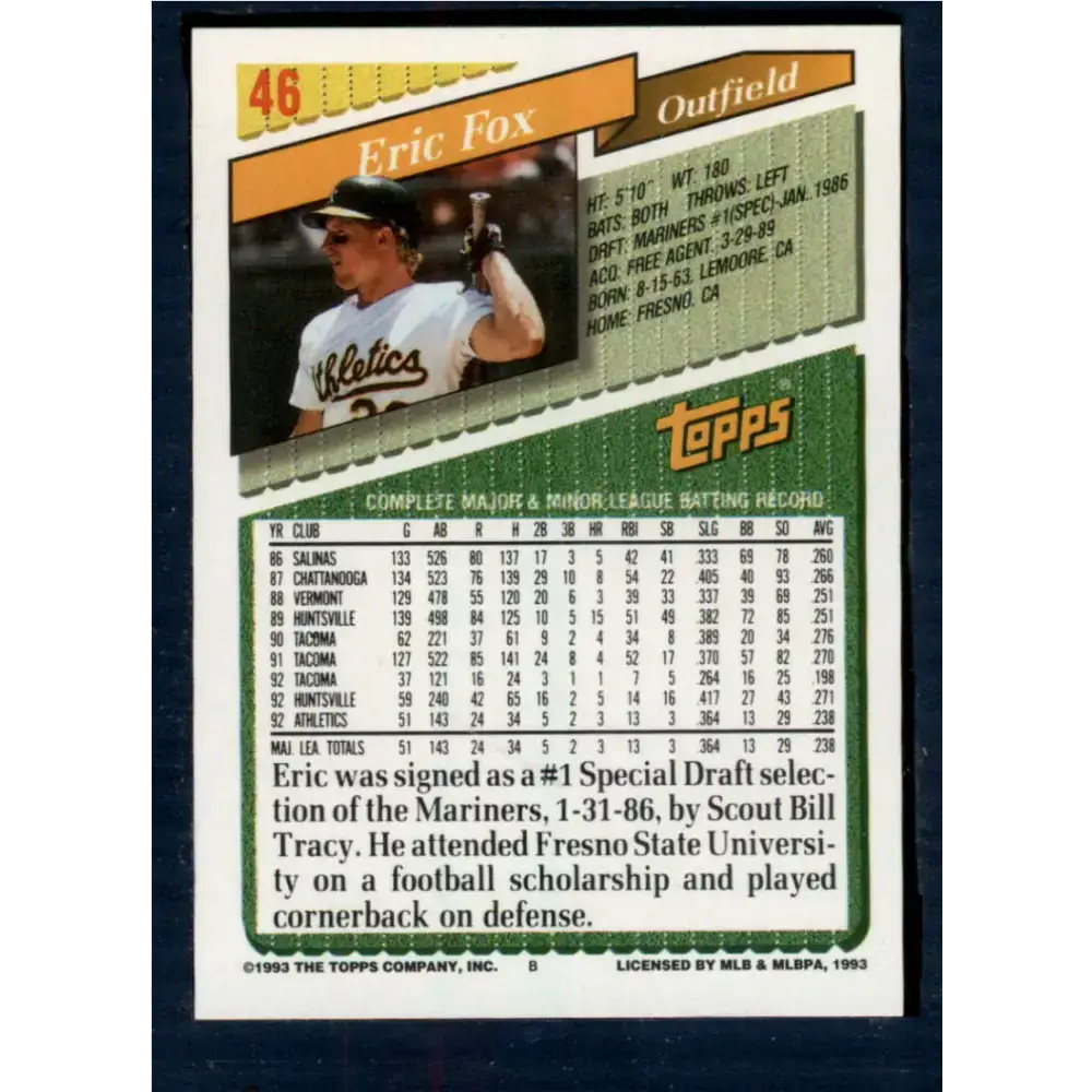 1993 Topps #46 Eric Fox NM-MT Oakland Athletics Baseball Card - Baseball Card Single