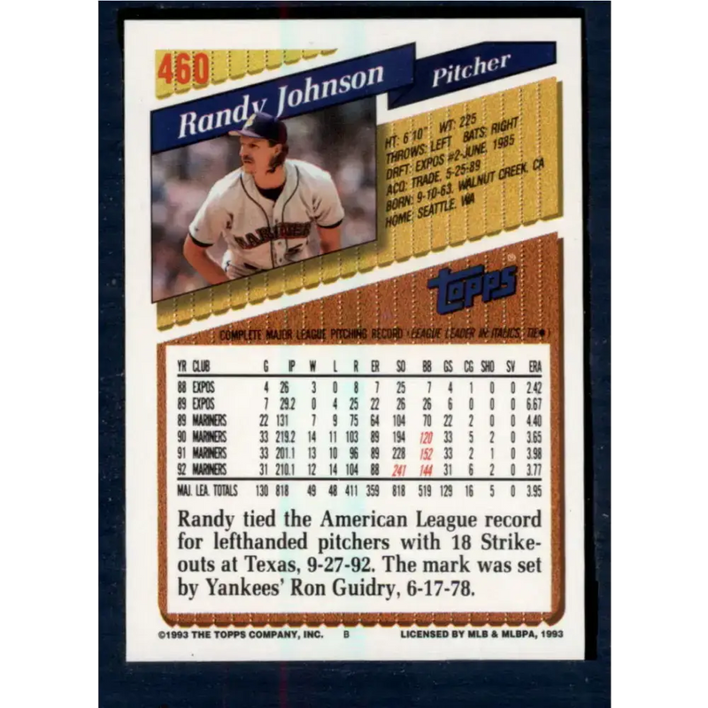 1993 Topps #460 Randy Johnson NM-MT Seattle Mariners Baseball Card - Baseball Card Single