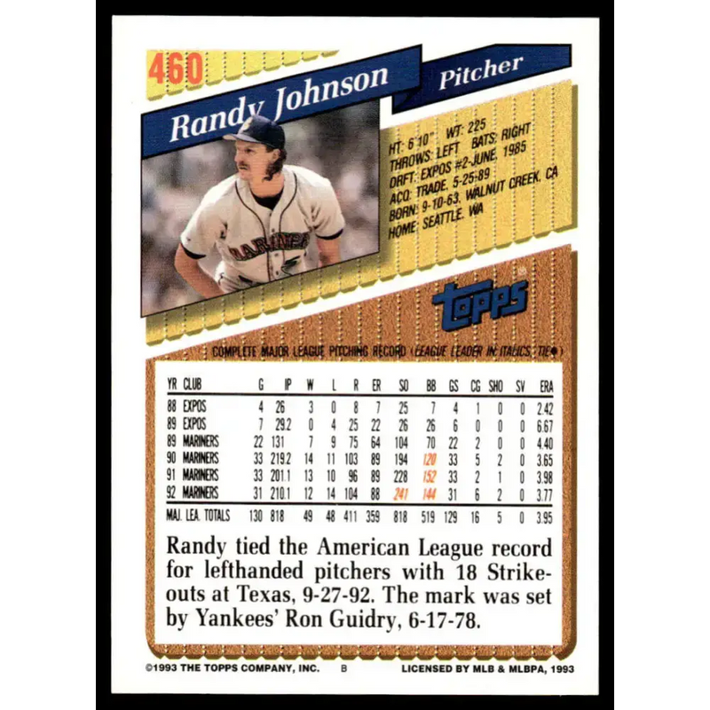 1993 Topps #460 Randy Johnson NM-MT Seattle Mariners Baseball Card - Baseball Card Single
