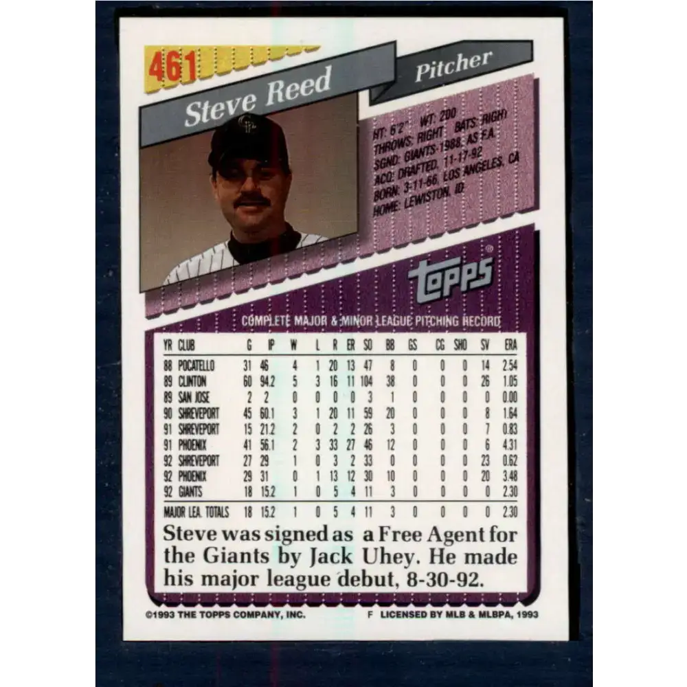 1993 Topps #461 Steve Reed NM-MT RC Rookie Colorado Rockies Baseball Card - Baseball Card Single