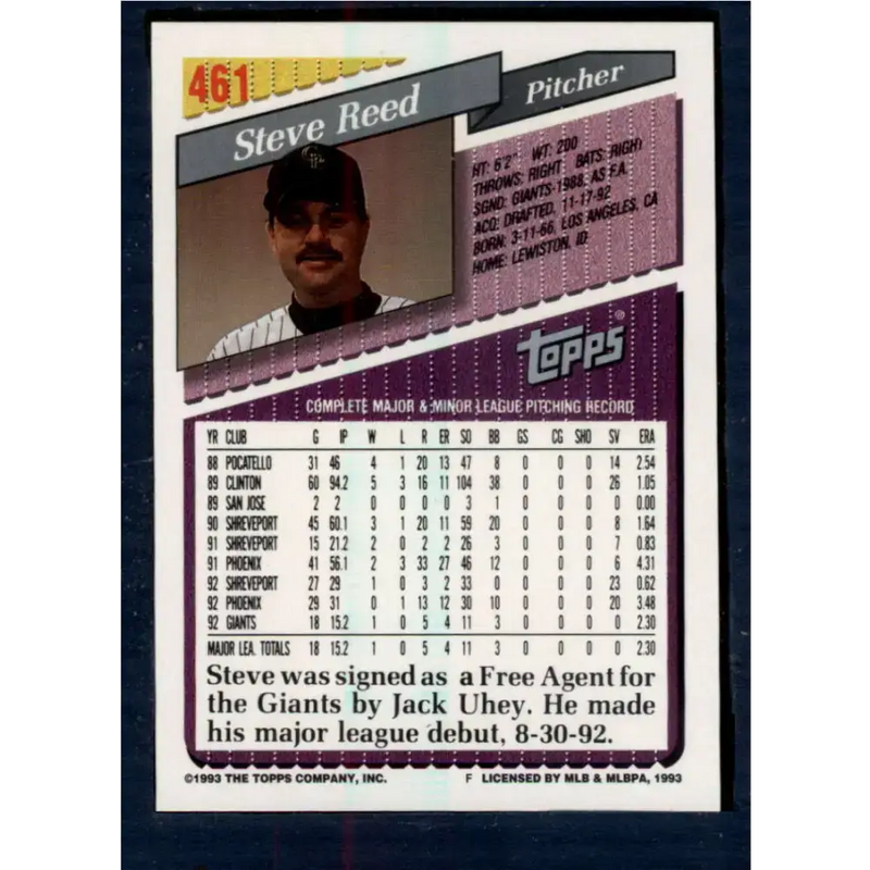 1993 Topps #461 Steve Reed NM-MT RC Rookie Colorado Rockies Baseball Card - Baseball Card Single