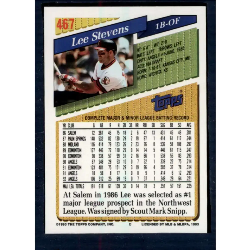 1993 Topps #467 Lee Stevens NM-MT California Angels Baseball Card - Baseball Card Single