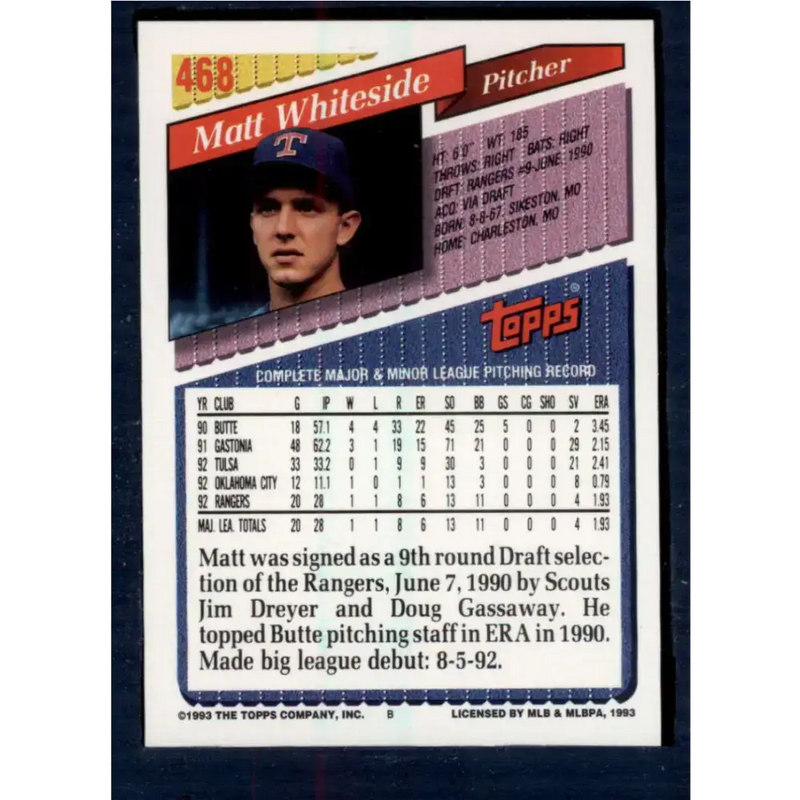 1993 Topps #468 Matt Whiteside NM-MT RC Rookie Texas Rangers Baseball Card - Baseball Card Single