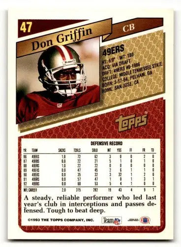 1993 Topps #47 Don Griffin San Francisco 49ers Football Cards EX/NM ID:61218 - Football Card Single