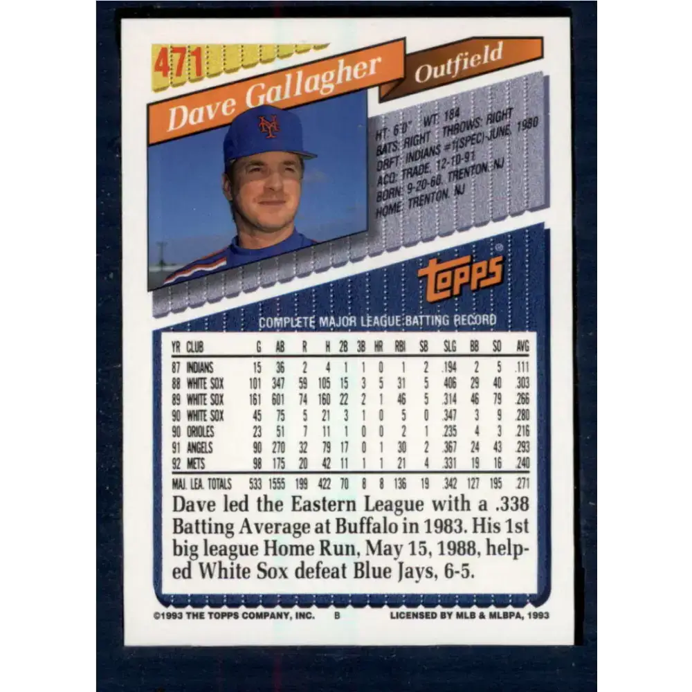 1993 Topps #471 Dave Gallagher NM-MT New York Mets Baseball Card - Baseball Card Single