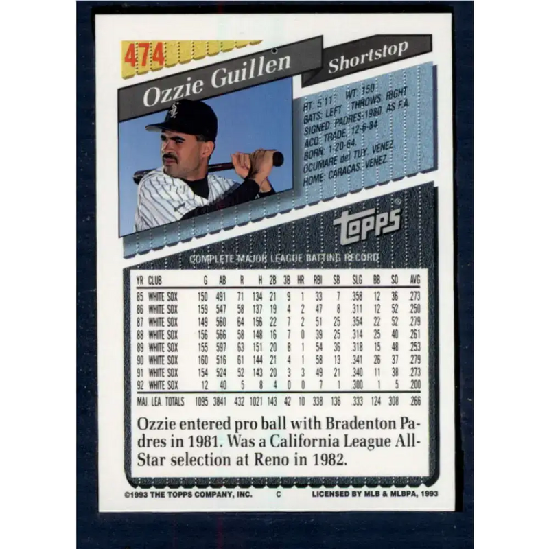 1993 Topps #474 Ozzie Guillen NM-MT Chicago White Sox Baseball Card - Baseball Card Single