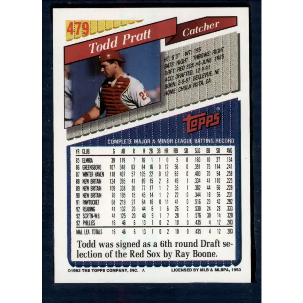 1993 Topps #479 Todd Pratt NM-MT RC Rookie Philadelphia Phillies Baseball Card - Baseball Card Single