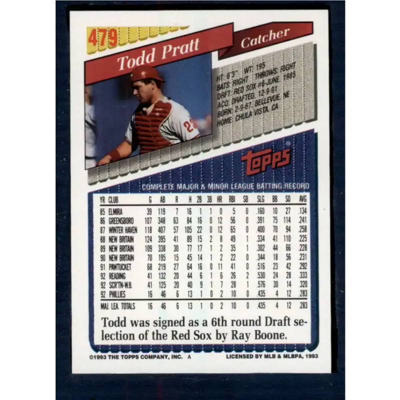 1993 Topps #479 Todd Pratt NM-MT RC Rookie Philadelphia Phillies Baseball Card - Baseball Card Single