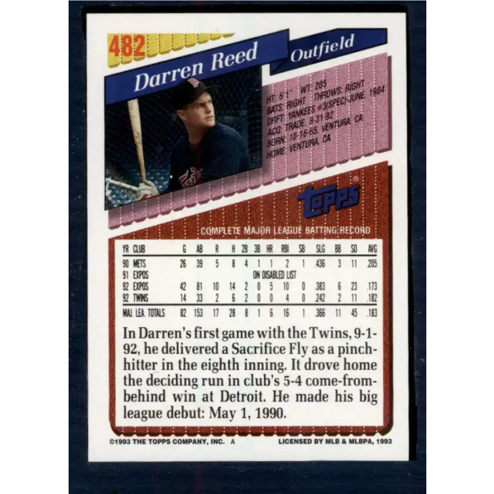 1993 Topps #482 Darren Reed NM-MT Minnesota Twins Baseball Card