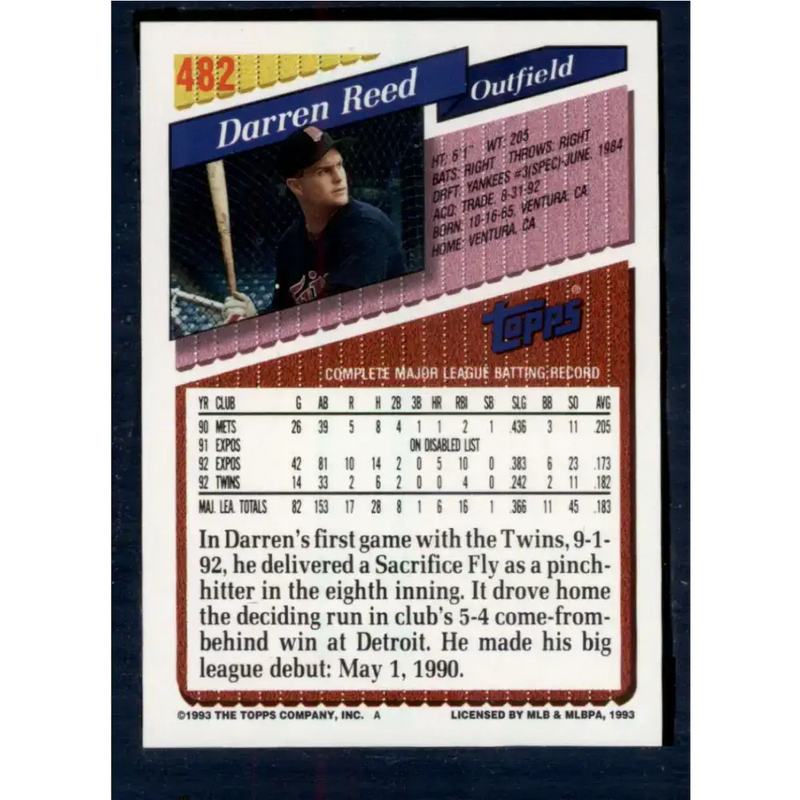 1993 Topps #482 Darren Reed NM-MT Minnesota Twins Baseball Card