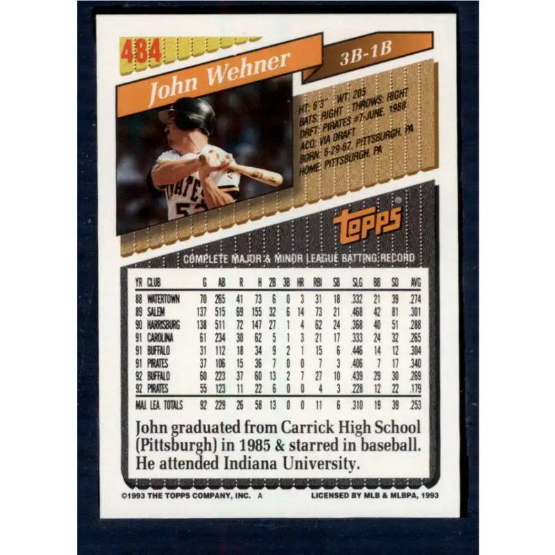 1993 Topps #484 John Wehner NM-MT Pittsburgh Pirates Baseball Card - Baseball Card Single