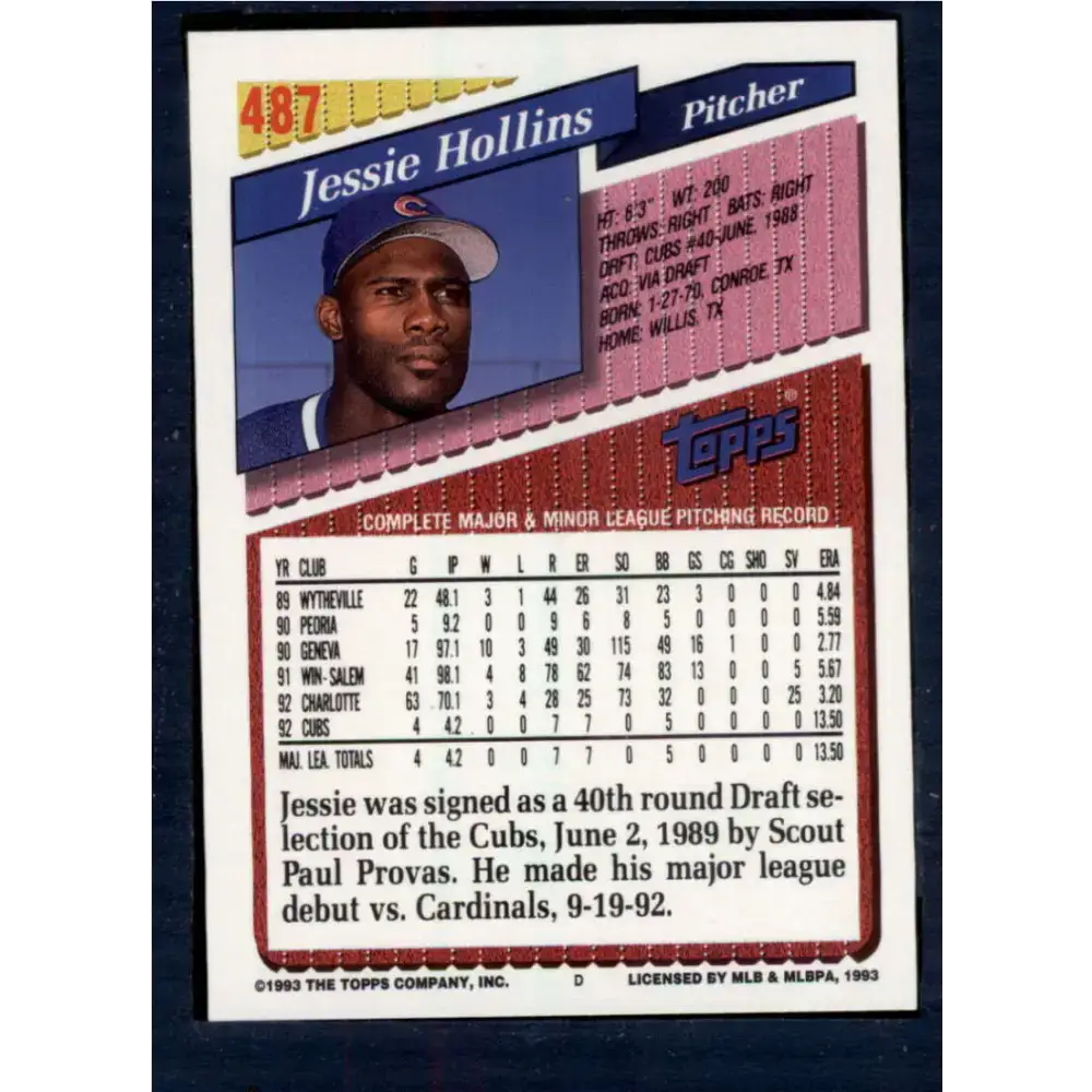 1993 Topps #487 Jessie Hollins NM-MT Chicago Cubs Baseball Card - Baseball Card Single