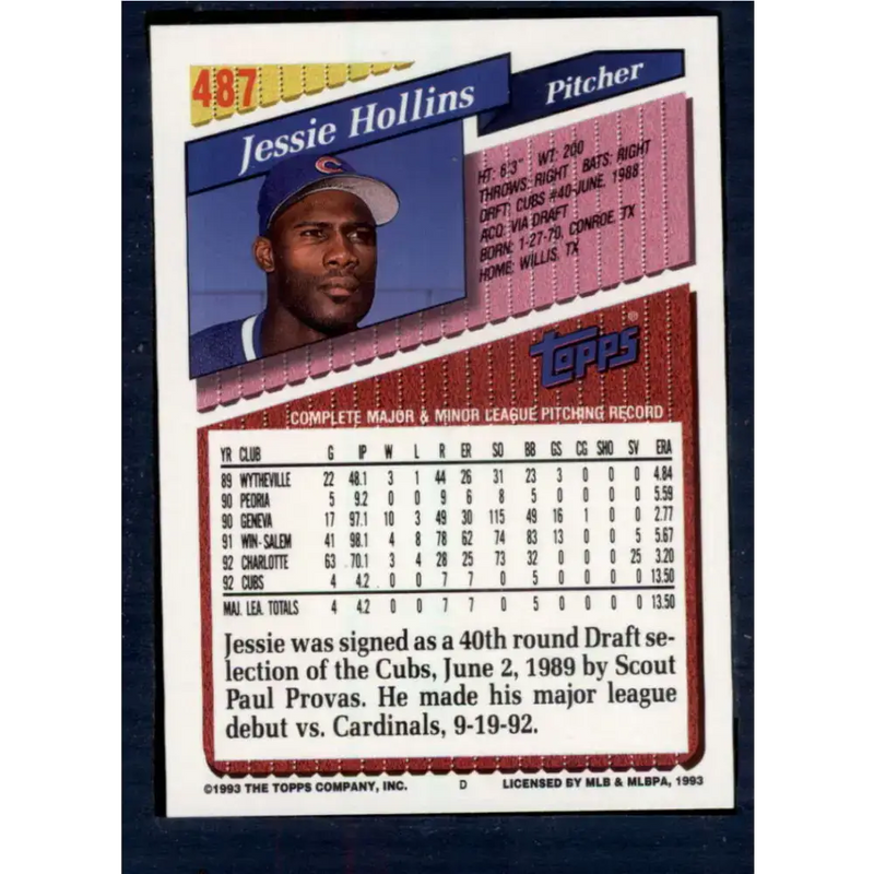 1993 Topps #487 Jessie Hollins NM-MT Chicago Cubs Baseball Card - Baseball Card Single