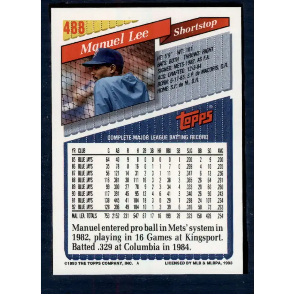 1993 Topps #488 Manuel Lee NM-MT Toronto Blue Jays Baseball Card - Baseball Card Single