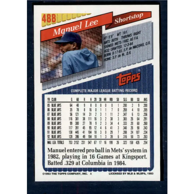 1993 Topps #488 Manuel Lee NM-MT Toronto Blue Jays Baseball Card - Baseball Card Single