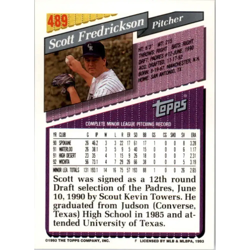 1993 Topps #489 Scott Fredrickson NM-MT RC Rookie Colorado Rockies Baseball Card - Baseball Card Single
