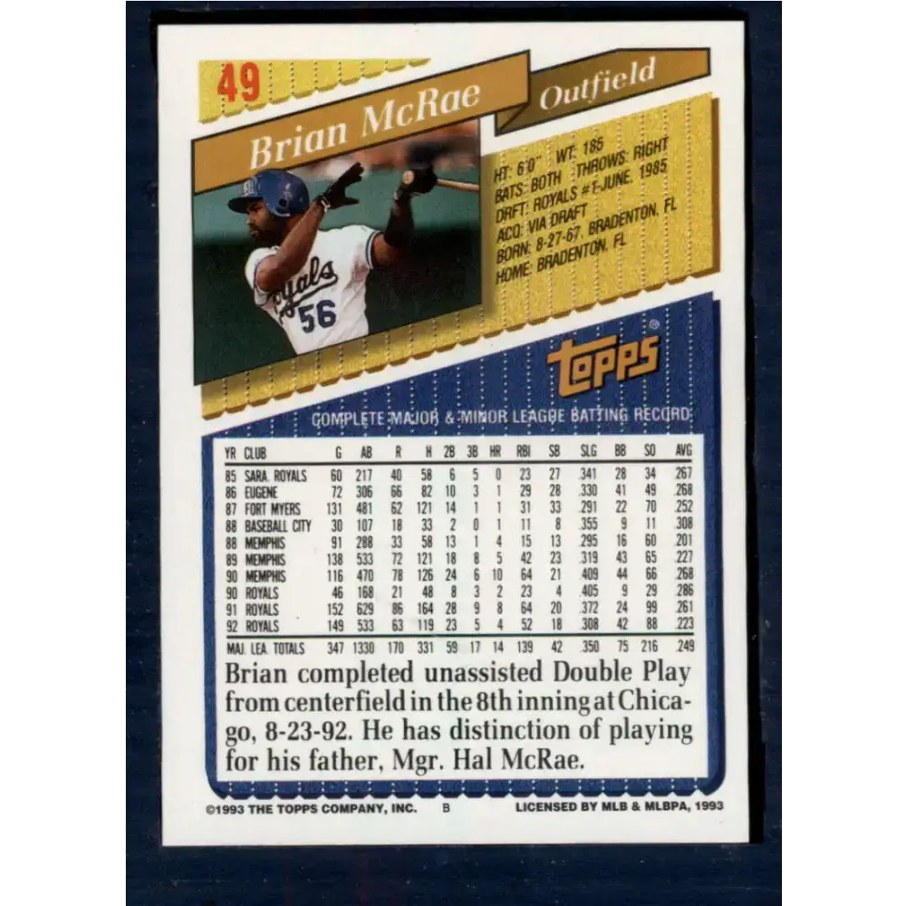 1993 Topps #49 Brian McRae NM-MT Kansas City Royals Baseball Card - Baseball Card Single