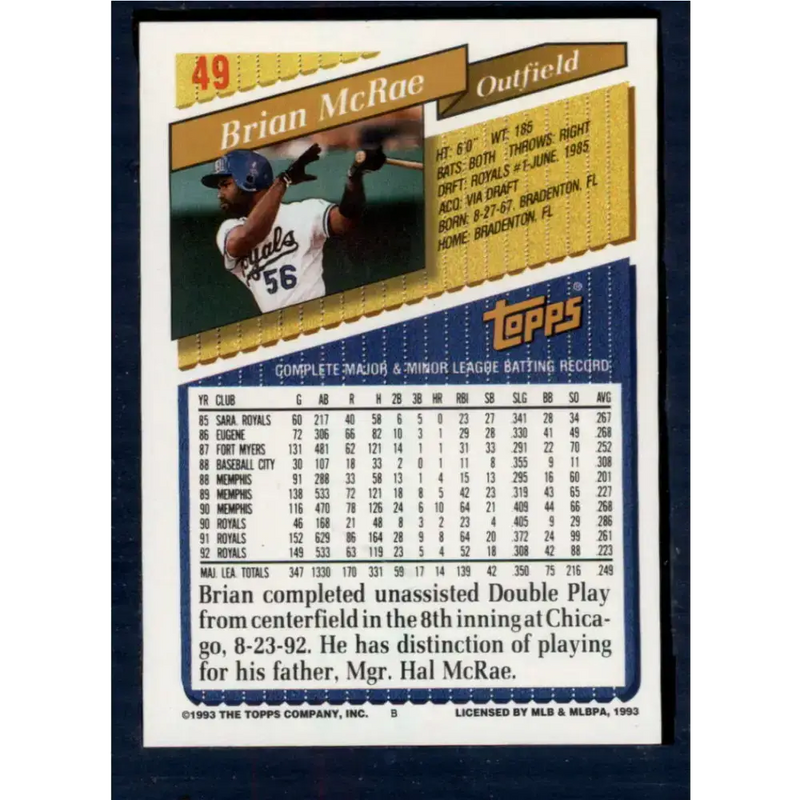 1993 Topps #49 Brian McRae NM-MT Kansas City Royals Baseball Card - Baseball Card Single
