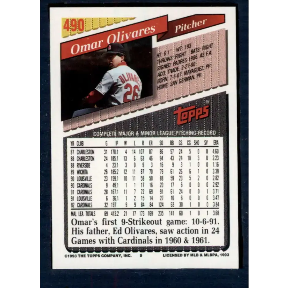 1993 Topps #490 Omar Olivares NM-MT St. Louis Cardinals Baseball Card - Baseball Card Single