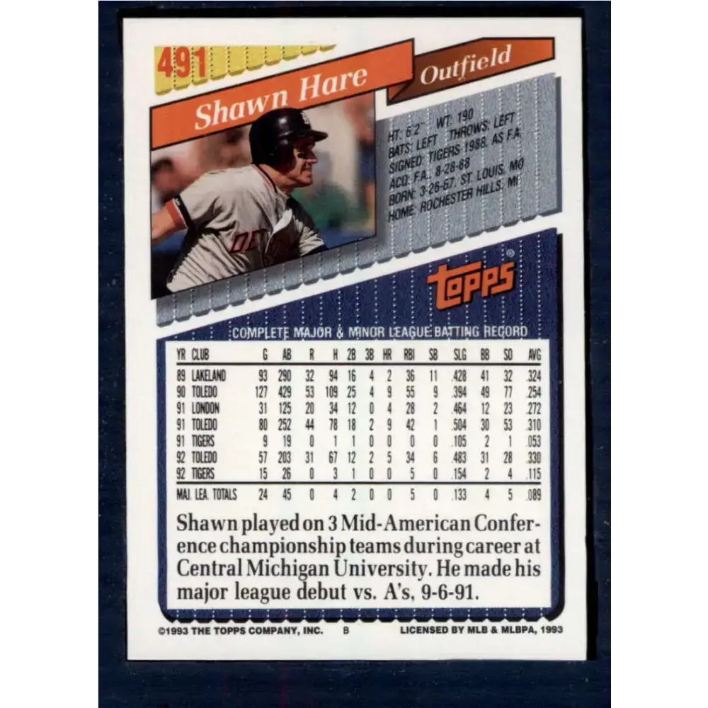 1993 Topps #491 Shawn Hare NM-MT Detroit Tigers Baseball Card - Baseball Card Single