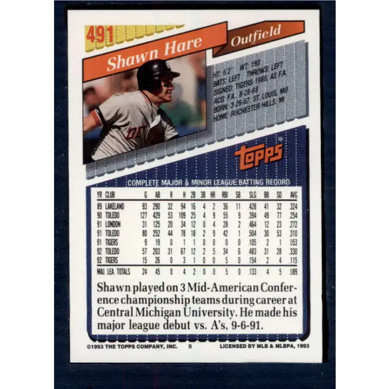 1993 Topps #491 Shawn Hare NM-MT Detroit Tigers Baseball Card - Baseball Card Single