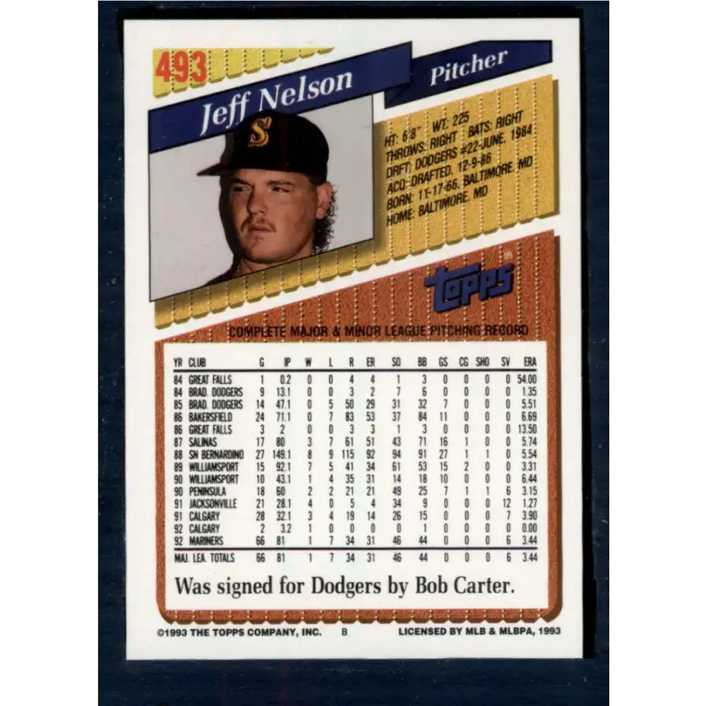 1993 Topps #493 Jeff Nelson NM-MT Seattle Mariners Baseball Card - Baseball Card Single