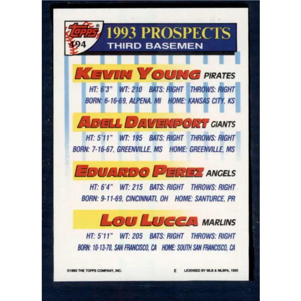 1993 Topps #494 Kevin Young/Adell Davenport/Eduardo Perez/Lou Lucca NM-MT RC Rookie Pittsburgh Pirates/San Francisco
