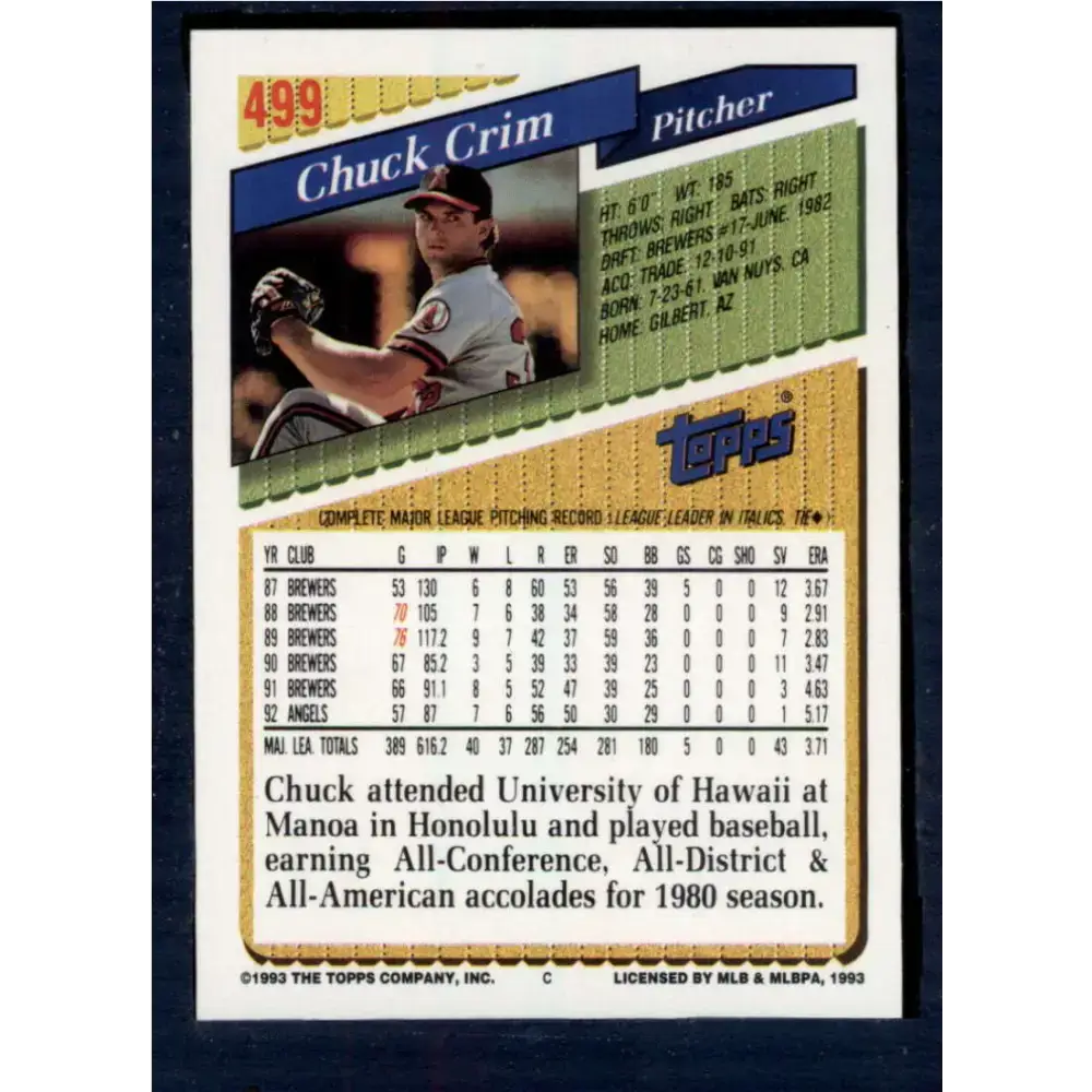 1993 Topps #499 Chuck Crim NM-MT California Angels Baseball Card - Baseball Card Single