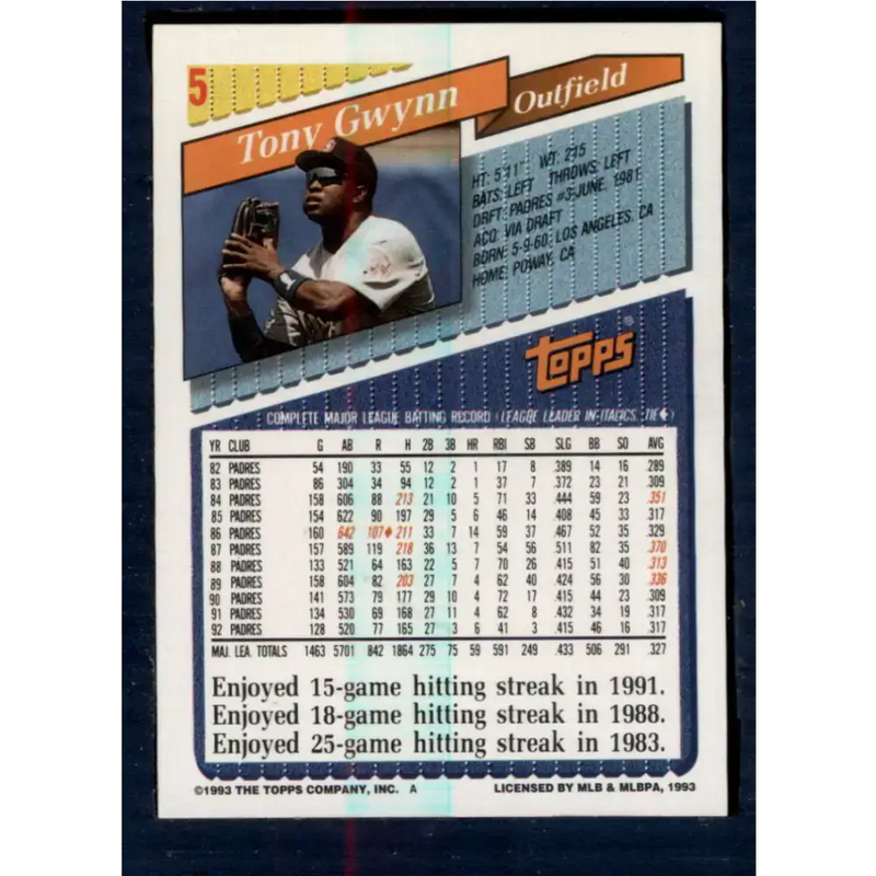 1993 Topps #5 Tony Gwynn NM-MT San Diego Padres Baseball Card - Baseball Card Single