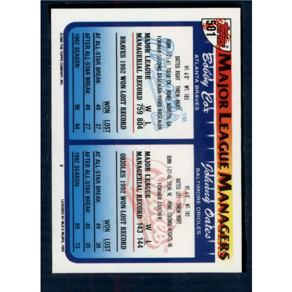1993 Topps #501 Johnny Oates/Bobby Cox NM-MT Baltimore Orioles/Atlanta Braves Baseball Card - Baseball Card Single