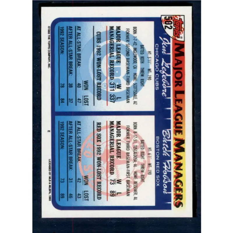 1993 Topps #502 Butch Hobson/Jim Lefebvre NM-MT Boston Red Sox/Chicago Cubs Baseball Card - Baseball Card Single