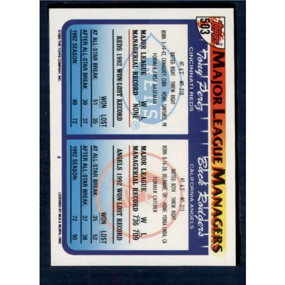 1993 Topps #503 Buck Rodgers/Tony Perez NM-MT California Angels/Cincinnati Reds Baseball Card - Baseball Card Single