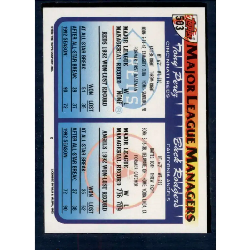 1993 Topps #503 Buck Rodgers/Tony Perez NM-MT California Angels/Cincinnati Reds Baseball Card - Baseball Card Single