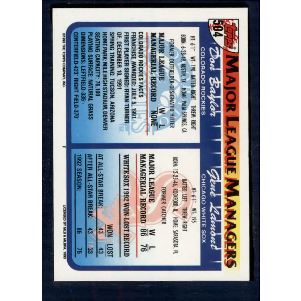 1993 Topps #504 Gene Lamont/Don Baylor NM-MT Chicago White Sox/Colorado Rockies Baseball Card - Baseball Card Single