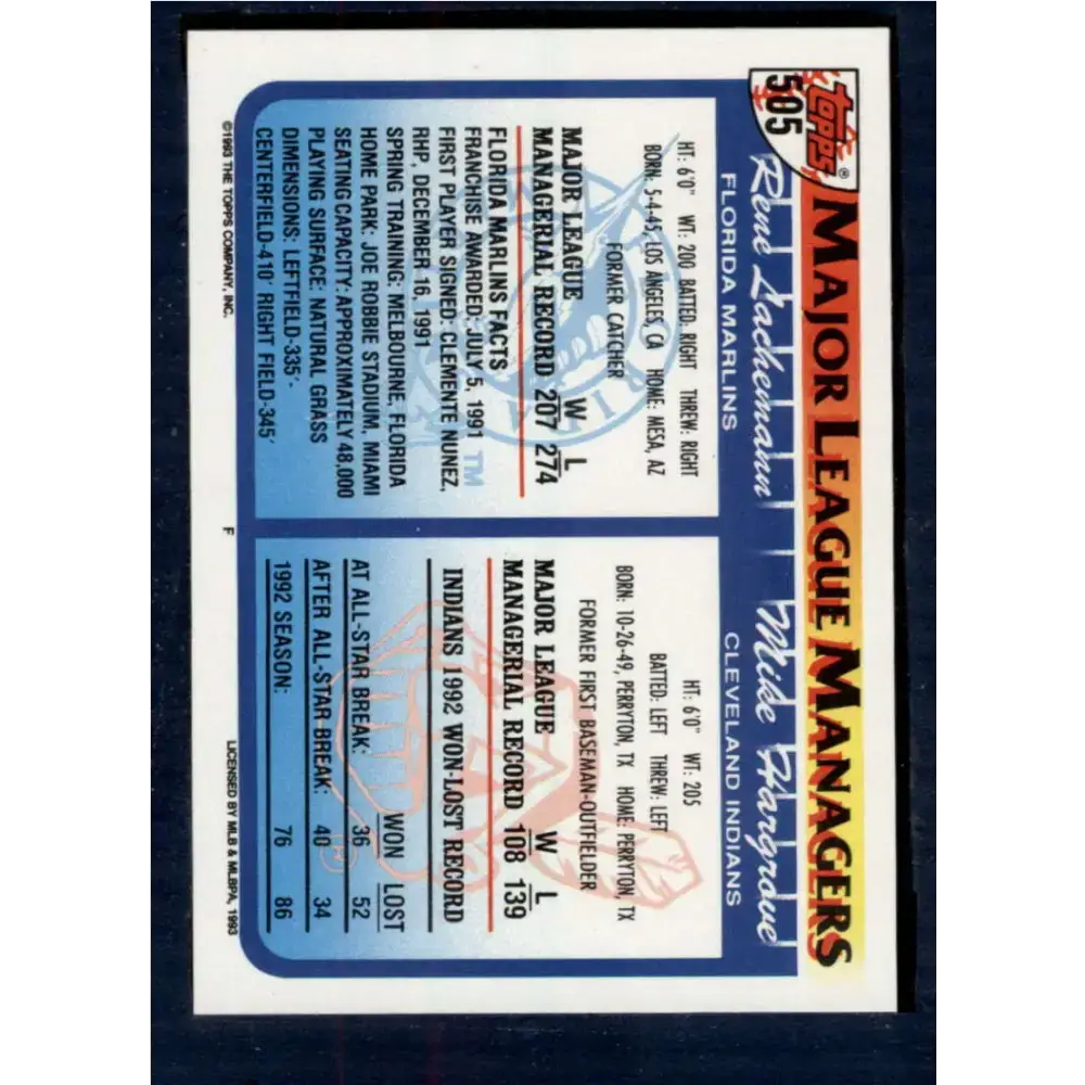 1993 Topps #505 Mike Hargrove/Rene Lachemann NM-MT Cleveland Indians/Florida Marlins Baseball Card - Baseball Card