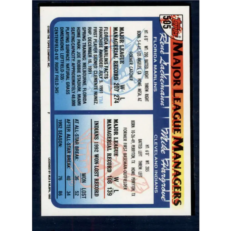 1993 Topps #505 Mike Hargrove/Rene Lachemann NM-MT Cleveland Indians/Florida Marlins Baseball Card - Baseball Card