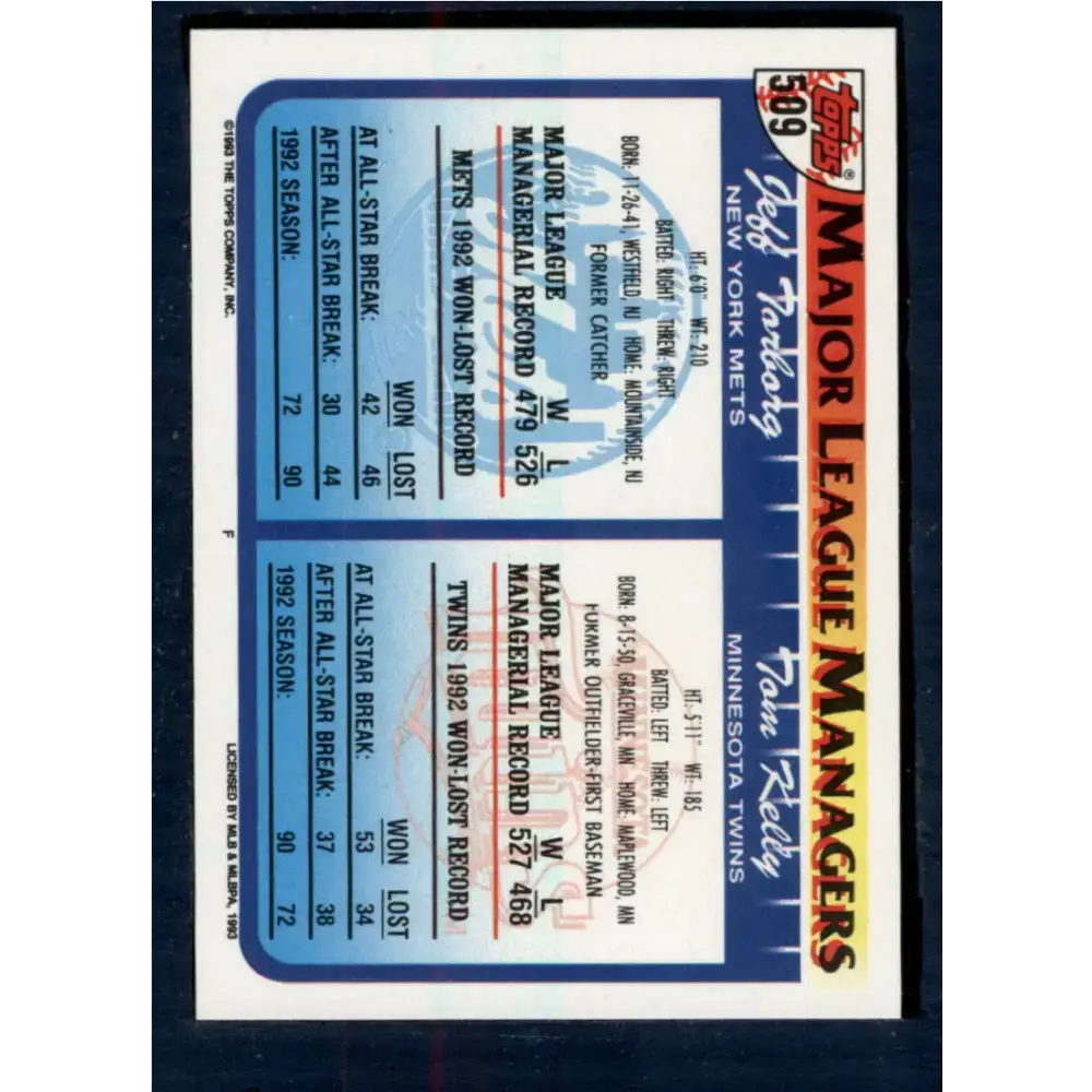 1993 Topps #509 Tom Kelly/Jeff Torborg NM-MT Minnesota Twins/New York Mets Baseball Card - Baseball Card Single