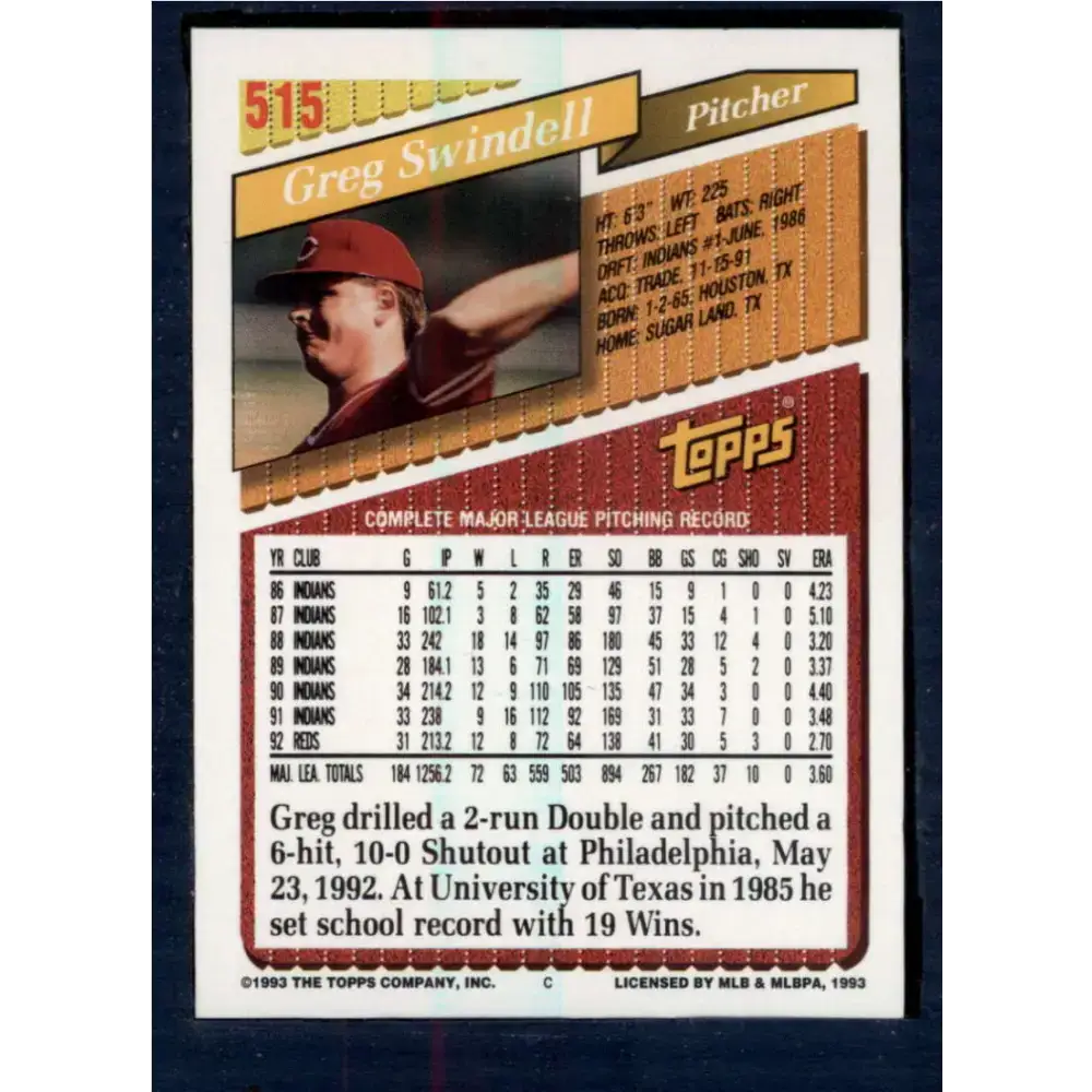 1993 Topps #515 Greg Swindell NM-MT Cincinnati Reds Baseball Card - Baseball Card Single