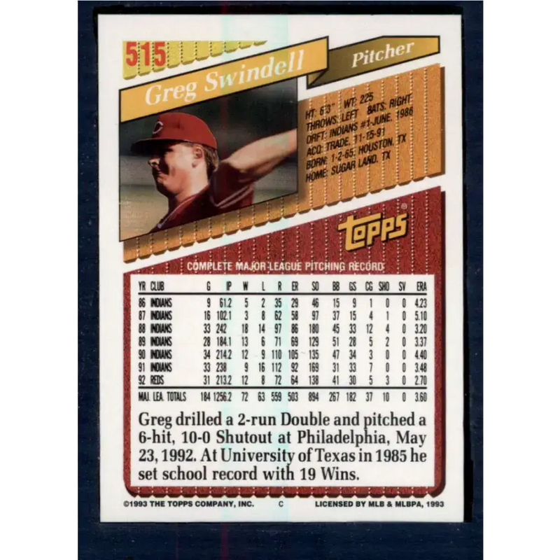 1993 Topps #515 Greg Swindell NM-MT Cincinnati Reds Baseball Card - Baseball Card Single