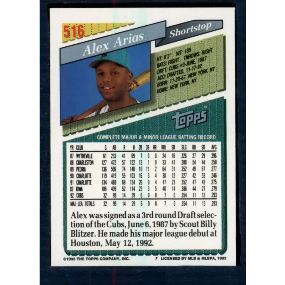 1993 Topps #516 Alex Arias NM-MT Florida Marlins Baseball Card - Baseball Card Single