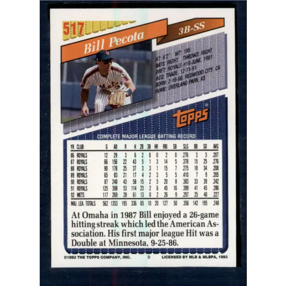 1993 Topps #517 Bill Pecota NM-MT New York Mets Baseball Card - Baseball Card Single