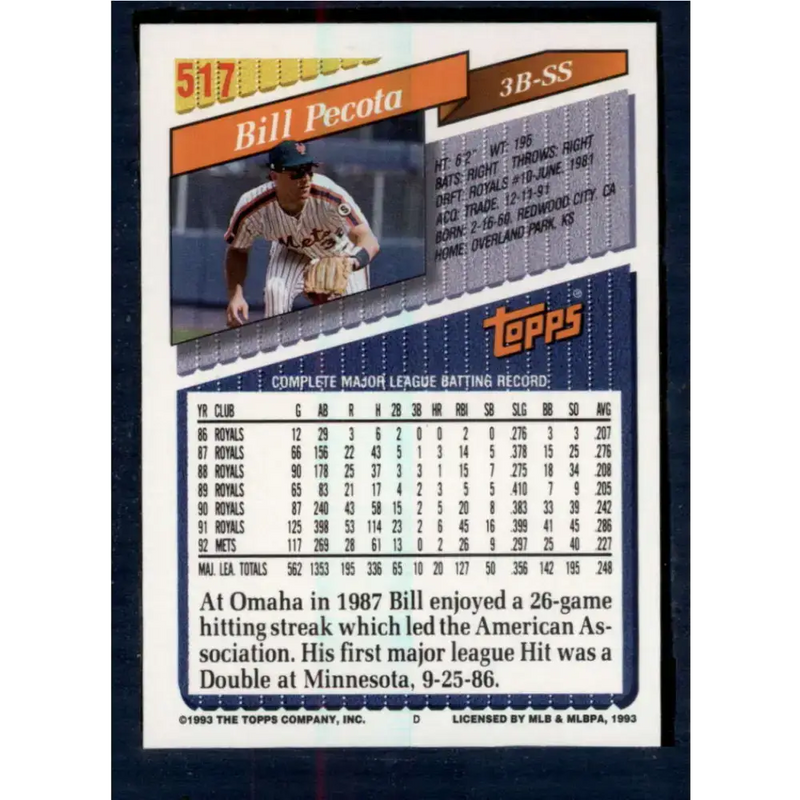 1993 Topps #517 Bill Pecota NM-MT New York Mets Baseball Card - Baseball Card Single