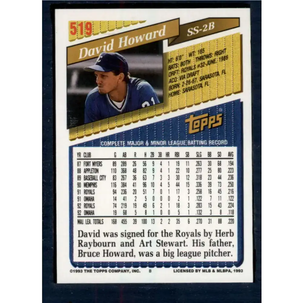 1993 Topps #519 David Howard NM-MT Kansas City Royals Baseball Card - Baseball Card Single