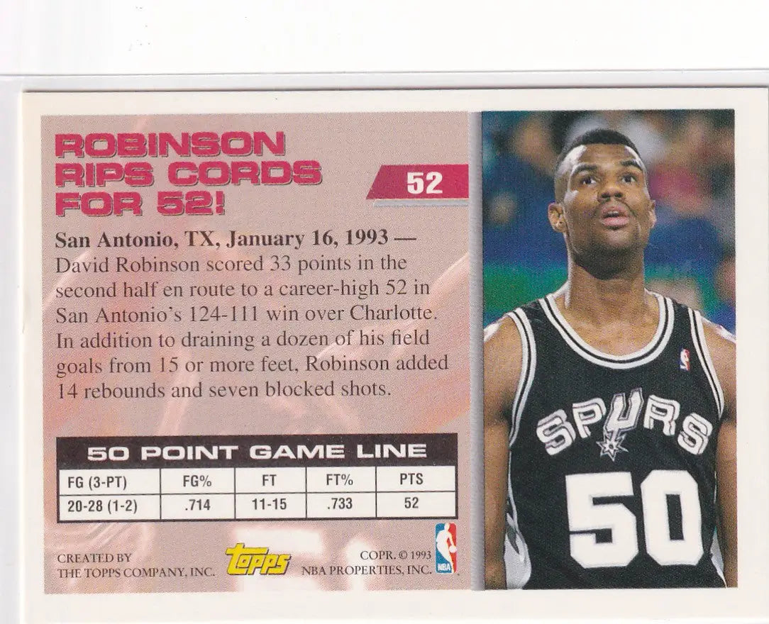 1993 TOPPS #52 DAVID ROBINSON 50 POINT CLUB- SAN ANTONIO SPURS - Basketball Card Single
