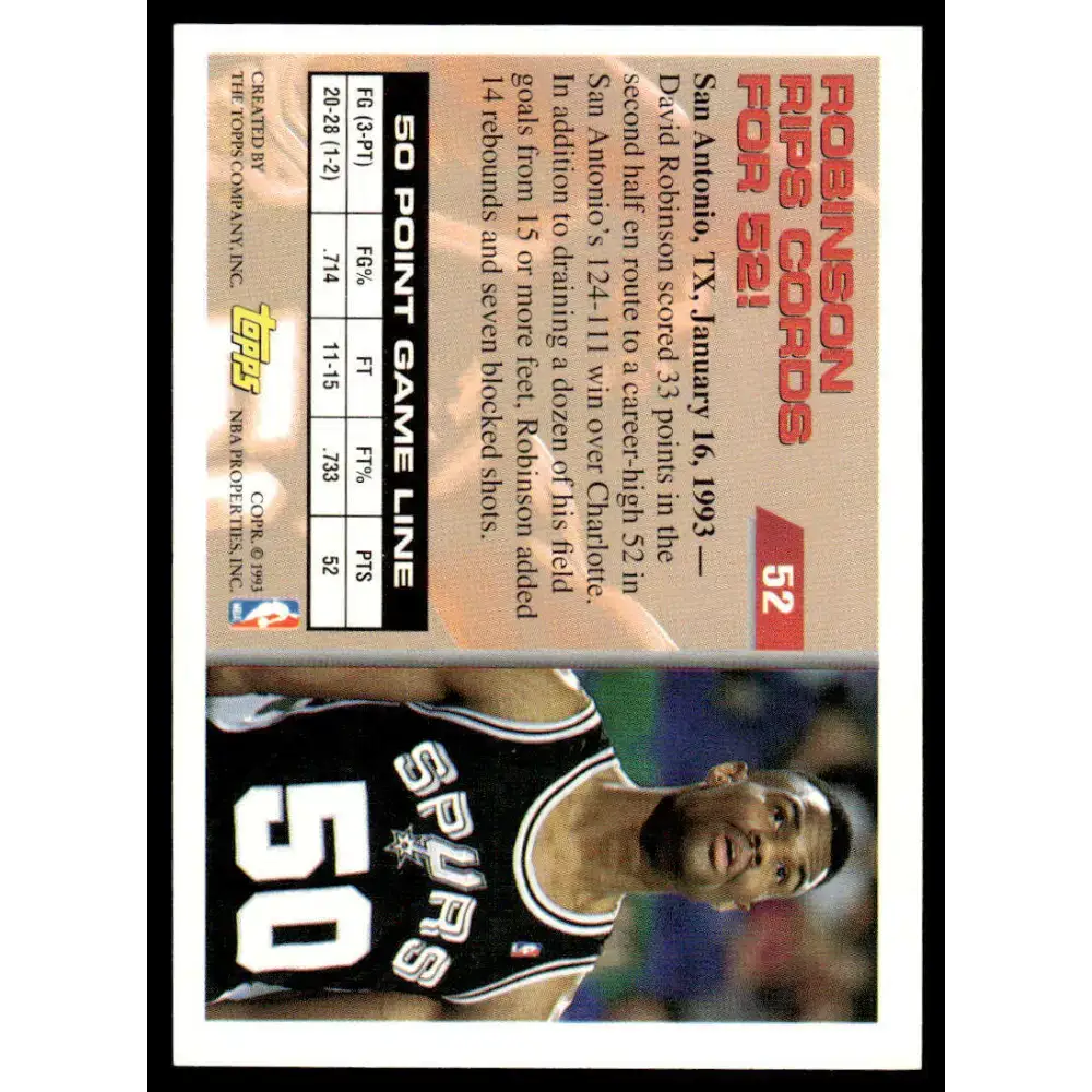 1993 Topps #52 David Robinson NM/MT San Antonio Spurs Basketball Card - Basketball Card Single